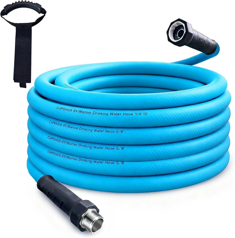 Cupohus RV Water Hose 50FT with Strain Relief Ends, Kink-Resistant Drinking Water Hose, 5/8''ID Potable Food Grade Hose with Storage Strap for RV, Marine, Camper, Truck, Car, Garden - Image 1